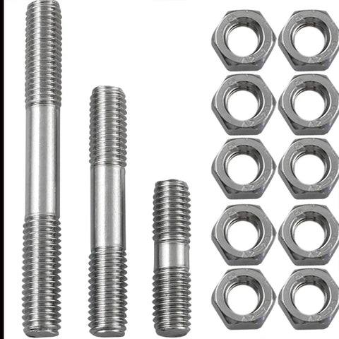Heavy Duty 18 Piece Stainless Steel Double End Studs And Nuts Set Featuring M8 X30 X50 X70mm Sizes showing three sizes of M8 studs and hex nuts.