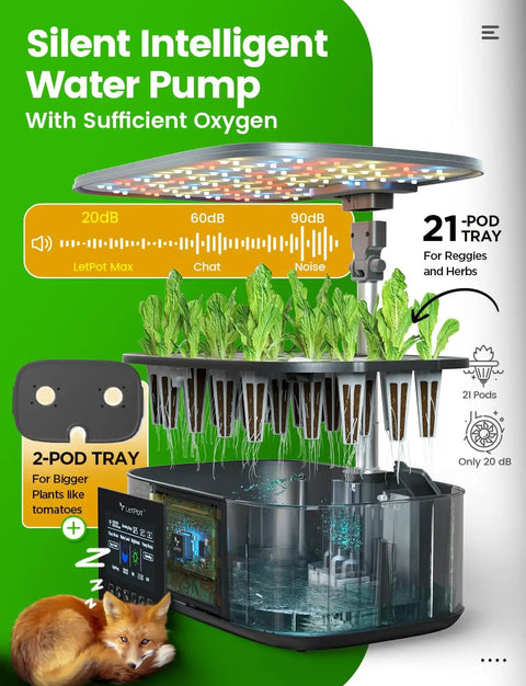 Smart Indoor Hydroponics System With 21 Pods App And WiFi Control 36W LED Grow Light, showing water pump and pod trays