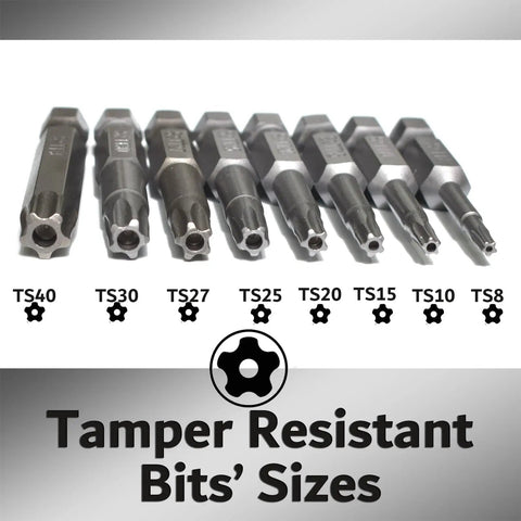 Eight Piece Torx Star Security Screwdriver Bits Set Magnetic Tamper Proof T8 T10 T15 T20 T25 T27 T30 T40 displayed in sizes.