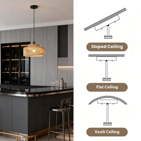Totally Vibe Ready 2 Pack Rattan Pendant Lights, Handwoven Wicker Hanging Lamps For Kitchen Island And Dining Room above a kitchen island showing installation options.