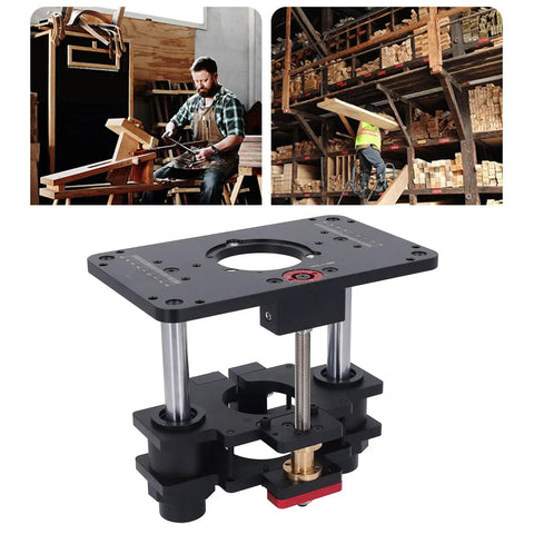 Real Deal Router Table Lift Featuring Slick Adjustable Height Control For Precision Woodworking And Sturdy Alloy Build in black and aluminum.