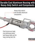 Durable cast aluminum housing of Badass 120V Handheld Power Pipe Threader for plumbing tasks, showcasing heavy-duty switch.