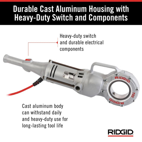 Durable cast aluminum housing of Badass 120V Handheld Power Pipe Threader for plumbing tasks, showcasing heavy-duty switch.