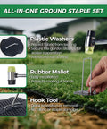 Beefed Up Six Inch Landscape Staples Kit With Fifty Galvanized U Shaped Stakes Fifty Gaskets Pick Hook And Rubber Mallet For Lawn Sod Weed Mat 11 Gauge Garden Pins For Yard showcasing tools for securing landscape fabric.