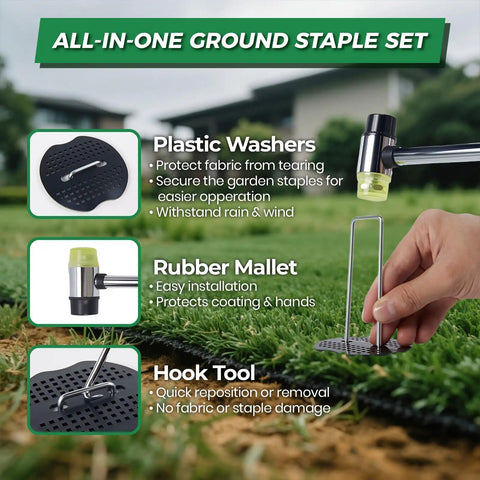Beefed Up Six Inch Landscape Staples Kit With Fifty Galvanized U Shaped Stakes Fifty Gaskets Pick Hook And Rubber Mallet For Lawn Sod Weed Mat 11 Gauge Garden Pins For Yard showcasing tools for securing landscape fabric.