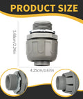 Three Quarter Inch Conduit Connectors Grey 100 Pack Straight Style Nylon 6 Liquid Tight Electrical Fittings With Main Body Domed Nut O Ring And Steel Locknut Weatherproof Durable Nylon 6 Liquid Tight Fittings For Electrical Projects. 3/4 NPT connector with dimensions