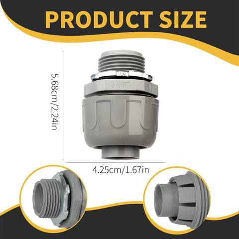 No Sweat 3/4 Inch Liquid Tight Conduit Connectors Straight Shape Grey Nylon 6 Build 20 Pack Set size details showing dimensions.