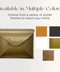 Image of Sturdy Outdoor Wall Mount Mailbox With Gold Finish Built To Last Waterproof Weatherproof Envelope Mailbox For Outside Use Tough As Nails Modern Durable Metal Box For Home Or Porch in gold color next to color options for finishes.