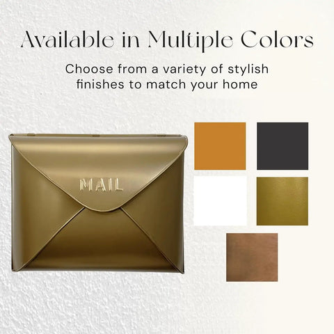 Image of Sturdy Outdoor Wall Mount Mailbox With Gold Finish Built To Last Waterproof Weatherproof Envelope Mailbox For Outside Use Tough As Nails Modern Durable Metal Box For Home Or Porch in gold color next to color options for finishes.