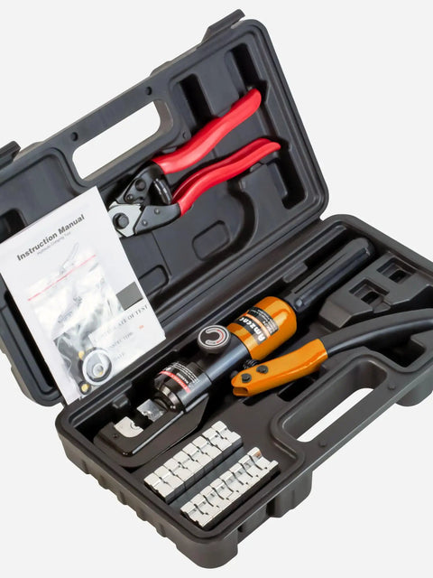 8 Ton Hydraulic Wire Rope Crimping Tool For Stainless Cable Railing Fittings, Hand Swager And Cutter Kit in open case