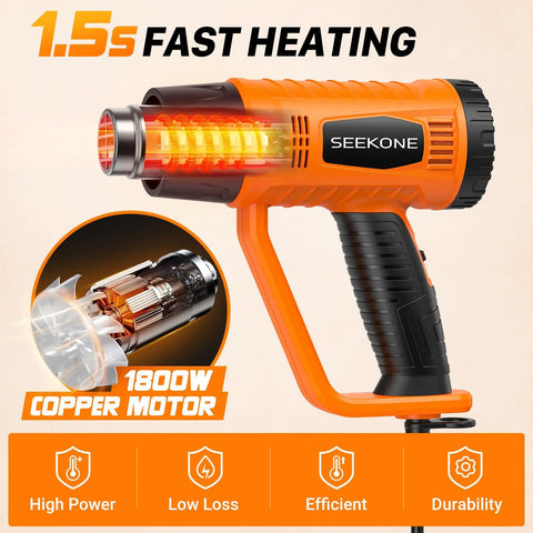 Powerful 1800W Heat Gun With Dual Temps 752F And 1112F, four nozzles, overheat protection, orange design