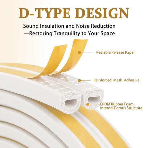 32 Foot Self Adhesive Foam Weather Stripping For Doors And Windows D Shape Draft Stopper Tape shows D-type design with adhesive.