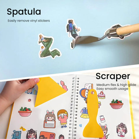 Spatula removing stickers, scraper smoothing pages from 35-Piece All-In-One Weeding Tools Kit For Vinyl And Scrapbooking, Precision Craft Set