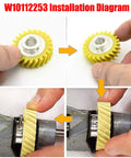 Installation steps for Two Pack W10112253 Mixer Worm Gear Replacement For Stand Mixers Ditch The Guesswork Replaces 4162897 4169830 AP4295669 4161531 PS11748374 WPW10112253 1206513 Fits Most Popular Brands shown with arrows and hands placing gear