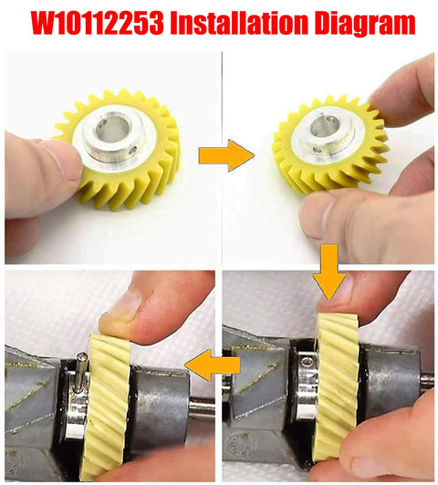 Installation steps for Two Pack W10112253 Mixer Worm Gear Replacement For Stand Mixers Ditch The Guesswork Replaces 4162897 4169830 AP4295669 4161531 PS11748374 WPW10112253 1206513 Fits Most Popular Brands shown with arrows and hands placing gear