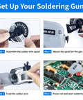 Step-by-step assembly of 120W Soldering Gun Kit With 110V Power Six Level Adjustable Temperature From 392 To 842 Fahrenheit One Hand Tin Feeding Design Perfect For DIY Electronics And PCB Repair And Wiring Includes Gloves And Goggles For Safe Soldering.