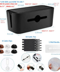 All-In-One Cable Management Box Kit For Desk And Floor Cord Organizer Hides Power Strips And Wires Includes 6 Cable Clips 10 Reusable Ties And Wall Hook For Easy Wall Mount In Home Office Black showing box dimensions and accessories