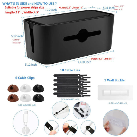 All-In-One Cable Management Box Kit For Desk And Floor Cord Organizer Hides Power Strips And Wires Includes 6 Cable Clips 10 Reusable Ties And Wall Hook For Easy Wall Mount In Home Office Black showing box dimensions and accessories