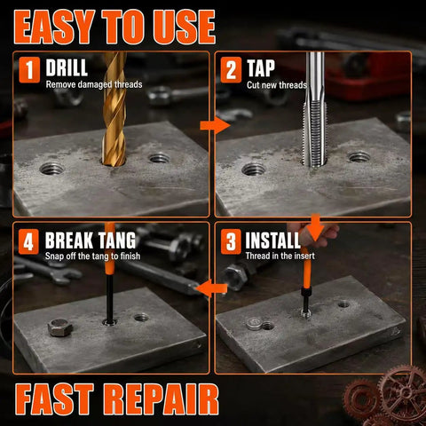 Heavy Duty M8x1.25 Thread Repair Kit With Premium HSS Drill Bit And 40 Pieces Of 304 Stainless Steel Inserts For Snug And Tight Metal Fixes That Last used to drill, tap, install, and break tang