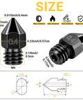 Diagram of 50 Piece Mk8 3D Printer Nozzle Set Hardened Steel showing dimensions, wear resistance, and hardness features