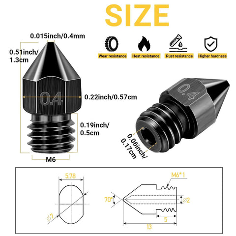 Diagram of 50 Piece Mk8 3D Printer Nozzle Set Hardened Steel showing dimensions, wear resistance, and hardness features