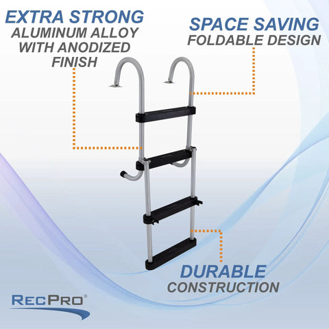 Pontoon Boat 4 Step Folding Boarding Ladder AL B4 Anodized Aluminum With Flush Mount Design shown folded