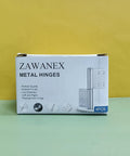 Box of Zawanex metal hinges with product features, Stainless Steel Folding Butt Hinge 2 Inch For Cabinets Windows And Gift Boxes.