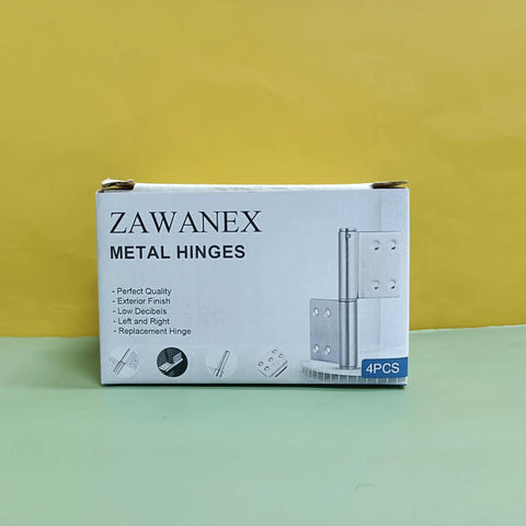 Box of Zawanex metal hinges with product features, Stainless Steel Folding Butt Hinge 2 Inch For Cabinets Windows And Gift Boxes.