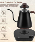 Gooseneck Electric Kettle With Smart Temperature Control, 0.9L Stainless Steel Interior, 1000W Fast Heat, Ideal For Pour Over Coffee And Tea, Boil Water Quick, Black, shown from side with base