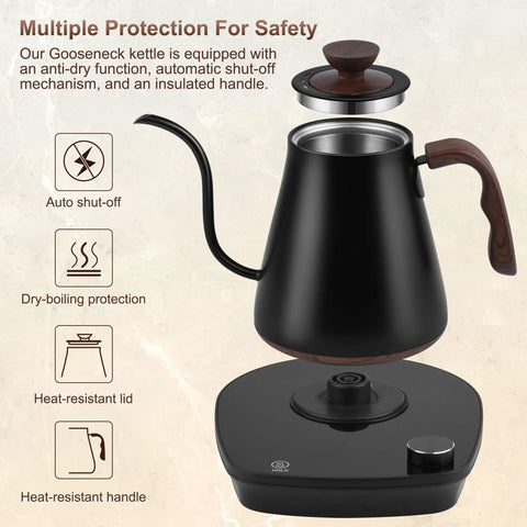 Gooseneck Electric Kettle With Smart Temperature Control, 0.9L Stainless Steel Interior, 1000W Fast Heat, Ideal For Pour Over Coffee And Tea, Boil Water Quick, Black, shown from side with base