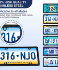 Two Pack Matte Black License Plate Frames For Cars, Stainless Steel, Weatherproof And Rust Resistant Plate Cover shown with multiple state plates.