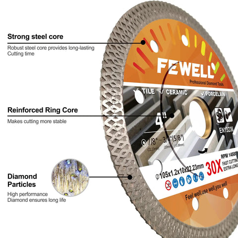 Ultra Thin 4 Inch Porcelain Diamond Tile Blade Turbo Mesh Rim X Teeth For Clean Fast Cuts 3 Pack, labeled features