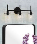 3-Light Gold Vanity Light With Seeded Glass Shades For Bathroom Over Mirror, Sleek Fixture With Cozy Glow and black finish casing