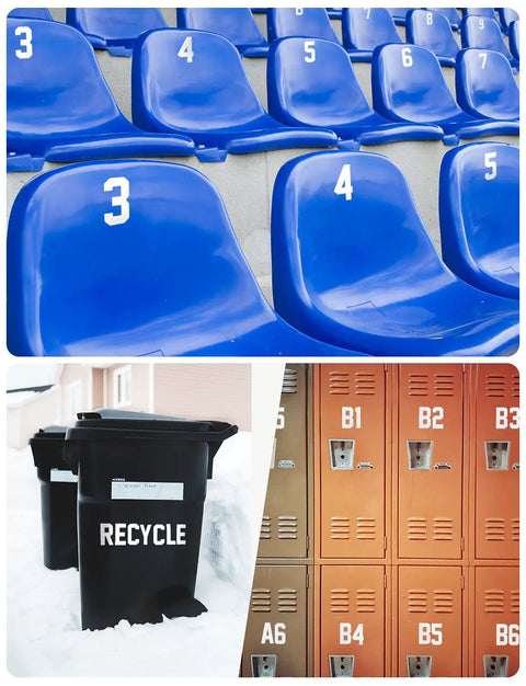 Reflective Mailbox Numbers And Letters Stickers used on stadium seats, recycle bin, and lockers; enhanced visibility options.