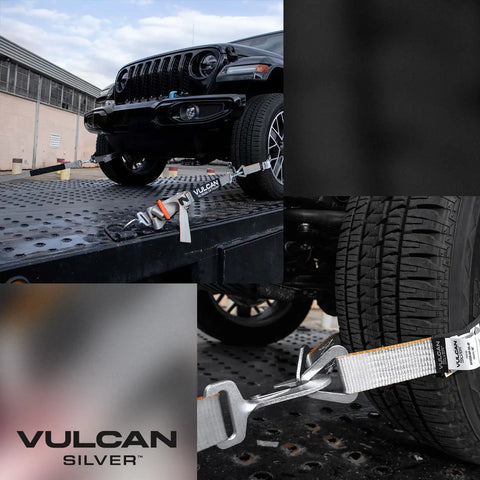 Ultimate Axle Tie Down Kit With Silver Series Webbing in use on vehicle, showing 22 inch and 36 inch axle straps on trailer