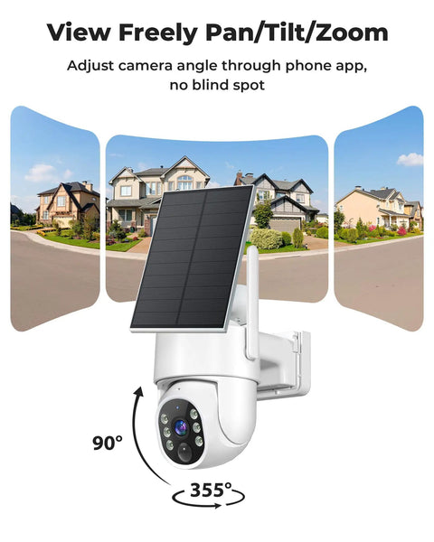 Wireless Outdoor Security Camera Kit With 5G And 2.4G WiFi No Monthly Fees showing camera on house corner.