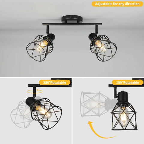 Dope Industrial Track Lighting With Two Adjustable Spotlight Heads, Black Flush Mount Ceiling Light, 180° and 350° Rotation