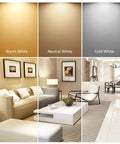 Image comparing light tones: Warm White, Neutral White, and Cold White in a living room setup for 20 Pack LED Recessed Downlights For Ceiling Retrofit Featuring Cold White Illumination And Hassle Free Setup Smooth As Silk Wiring Perfect For Kitchen Soffit Bathroom Home Upgrades.