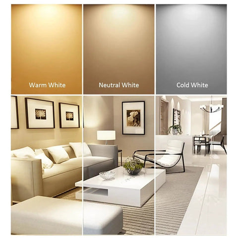 Image comparing light tones: Warm White, Neutral White, and Cold White in a living room setup for 20 Pack LED Recessed Downlights For Ceiling Retrofit Featuring Cold White Illumination And Hassle Free Setup Smooth As Silk Wiring Perfect For Kitchen Soffit Bathroom Home Upgrades.