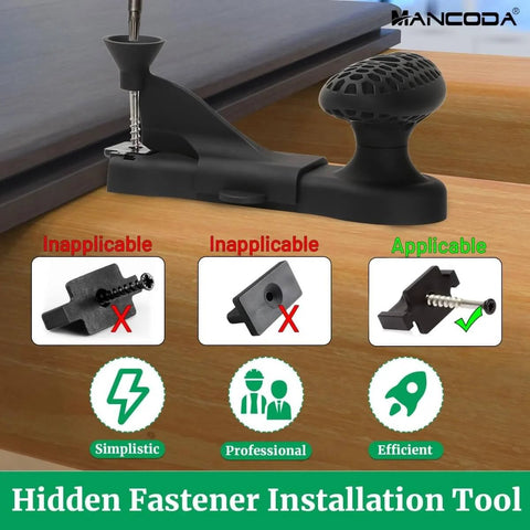 Hidden Fastener Installation Tool for Trex Hidden Fasteners and Composite Decking in use on wooden board