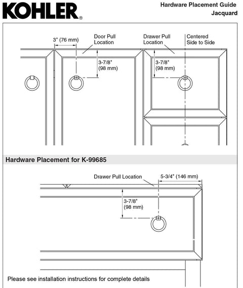Kohler Jacquard Ring Pull In Black Finish Durable Metal Cabinet Drawer Pull K 99685 HF3 hardware placement guide diagram.