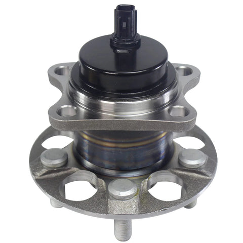 Front view of Rear Wheel Bearing And Hub Assembly With Five Lugs And ABS For 2010 2015 Prius Models Including 2012 2015 Prius Plug In Wheel Hub Replacement Not For Prius C Or Prius V Keeps It Quiet On The Road And Delivers A Smooth Durable Ride.