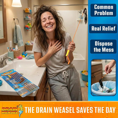 Drain Weasel 18 Inch Flexible Hair Clog Remover Tool Kit for Sinks Showers and Tubs held by smiling woman in bathroom