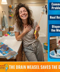 Woman using Drain Hair Clog Remover Kit With Rotating Handle Auger Easy Plumbing Snake in bathroom, holding a clogged wand.