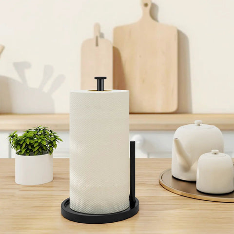 Stainless Steel Freestanding Paper Towel Holder For Countertop with black rack and anti-slip weighted base on wooden table.