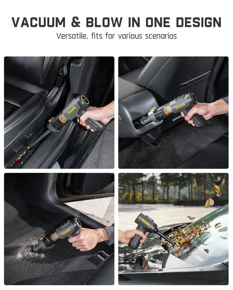 Slim V9 Mix Car Vacuum 4 In 1 Handheld Air Duster Cordless Cleaner With 12000Pa Suction in use cleaning car interior and blowing leaves.