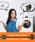 Woman confused about dryer plugs with thought bubbles showing different plug types; 4 Prong To 3 Prong Dryer Adapter Cord For NEMA 14-30P To 10-30R, 30A 250V STW 10AWG 1.5Ft Power Cord visible below.