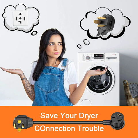Woman confused about dryer plugs with thought bubbles showing different plug types; 4 Prong To 3 Prong Dryer Adapter Cord For NEMA 14-30P To 10-30R, 30A 250V STW 10AWG 1.5Ft Power Cord visible below.