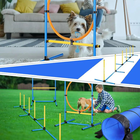 Portable Dog Agility Training Kit For Indoor And Outdoor Use With A 9 Ft Tunnel Weave Poles Hoop Jumps And Water Bowl Backyard Course