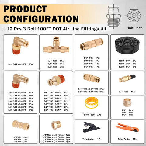 Brass DOT air line fittings kit with 3 x 100 ft air hoses; includes 1/4, 3/8, 1/2 in tubing and push-lock connectors.